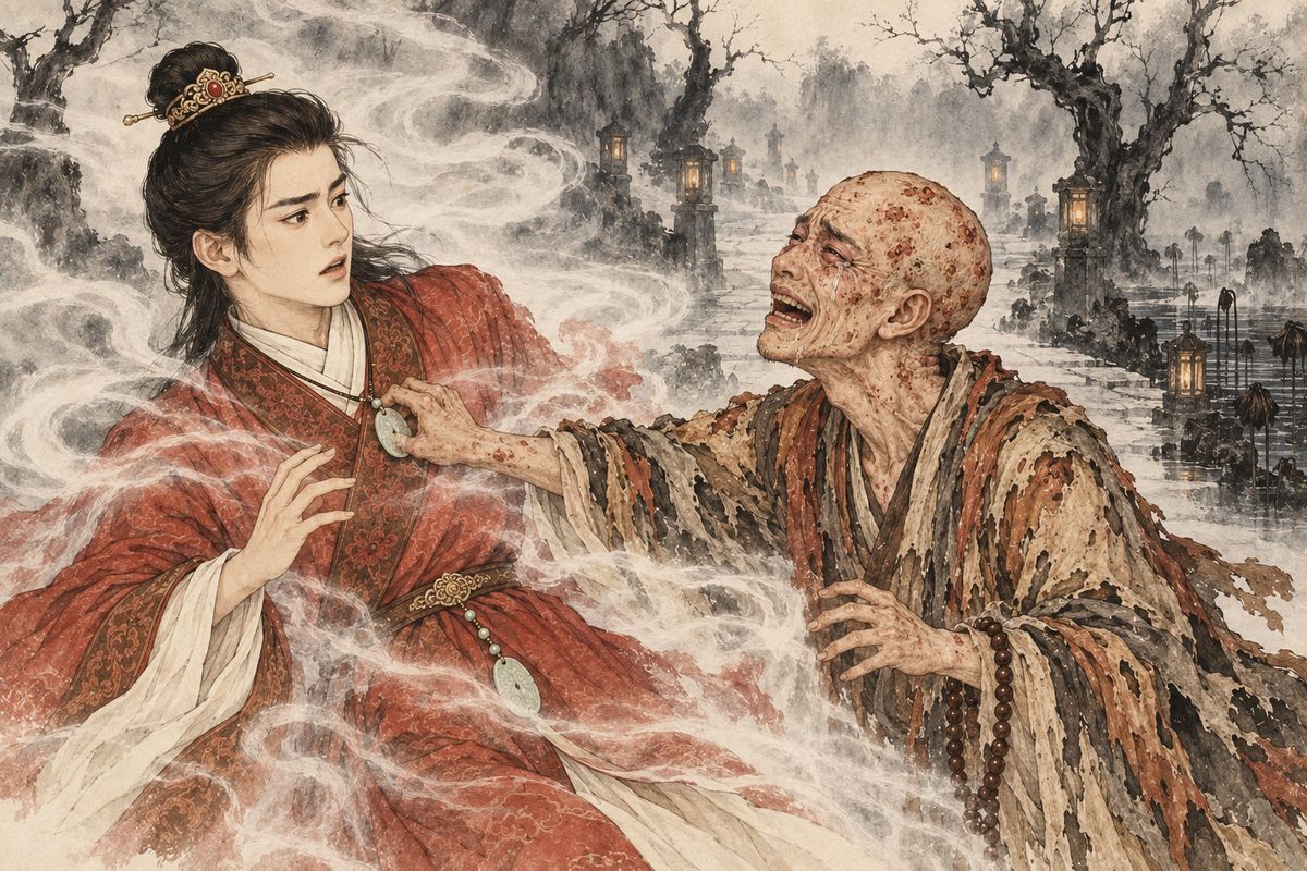 The monk touched the stone to Baoyu's chest, and the shock drove him back toward waking. When he opened his eyes, his family was gathered around him in tears; strangely, the terror of his dream had left him calmer.