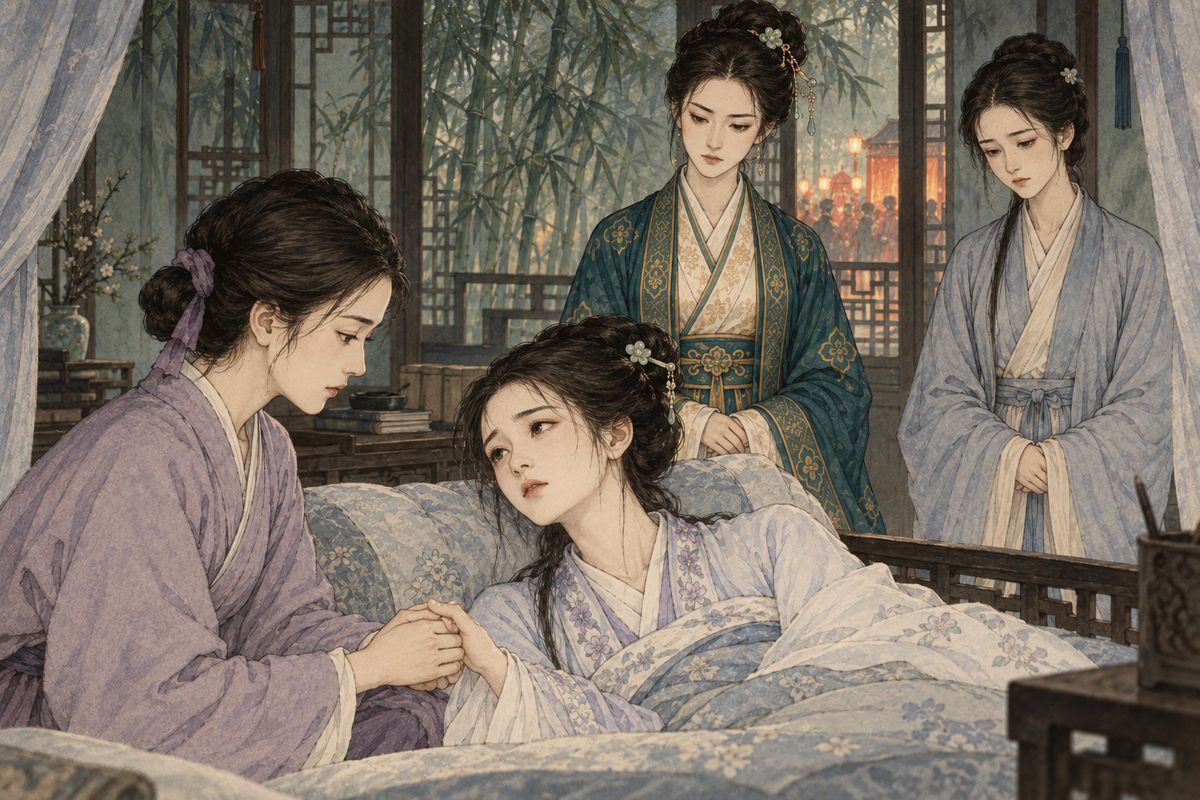 At the very hour of Baoyu's wedding, Daiyu gripped Zijuan's hand and begged to be taken home to the south. Tanchun and Li Wan heard the wedding music fading beyond the bamboo as Daiyu called Baoyu's name and could not finish her question.