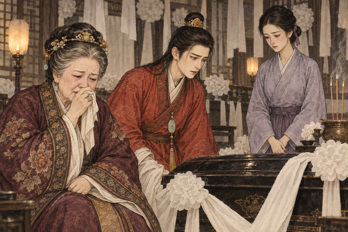 When the truth was understood, Grandmother Jia blamed herself for failing to protect Daiyu. Baoyu was carried to the coffin and listened as Zijuan told him that Daiyu had burned her poems, leaving only grief for those who came too late.