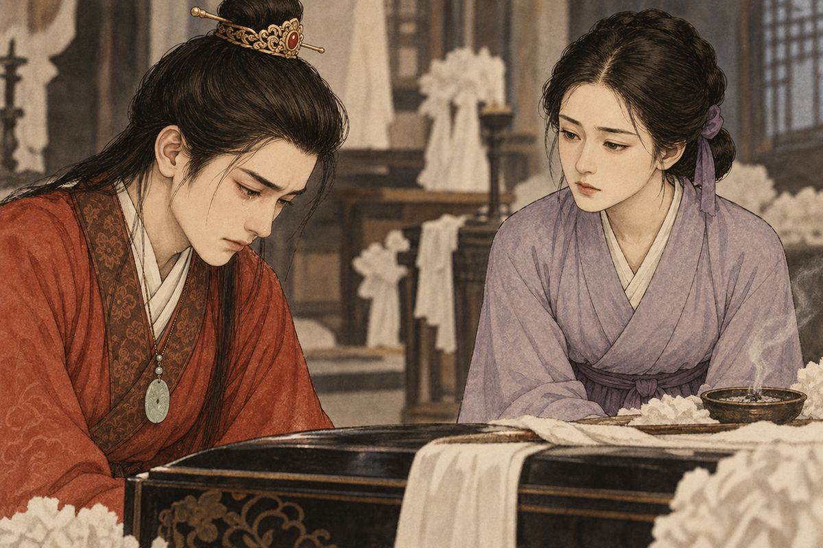 Zijuan's account left Baoyu with the image of Daiyu asking for the south and calling his name. He bowed beside the coffin, unable to answer the words she had spoken when he was already lost to her.