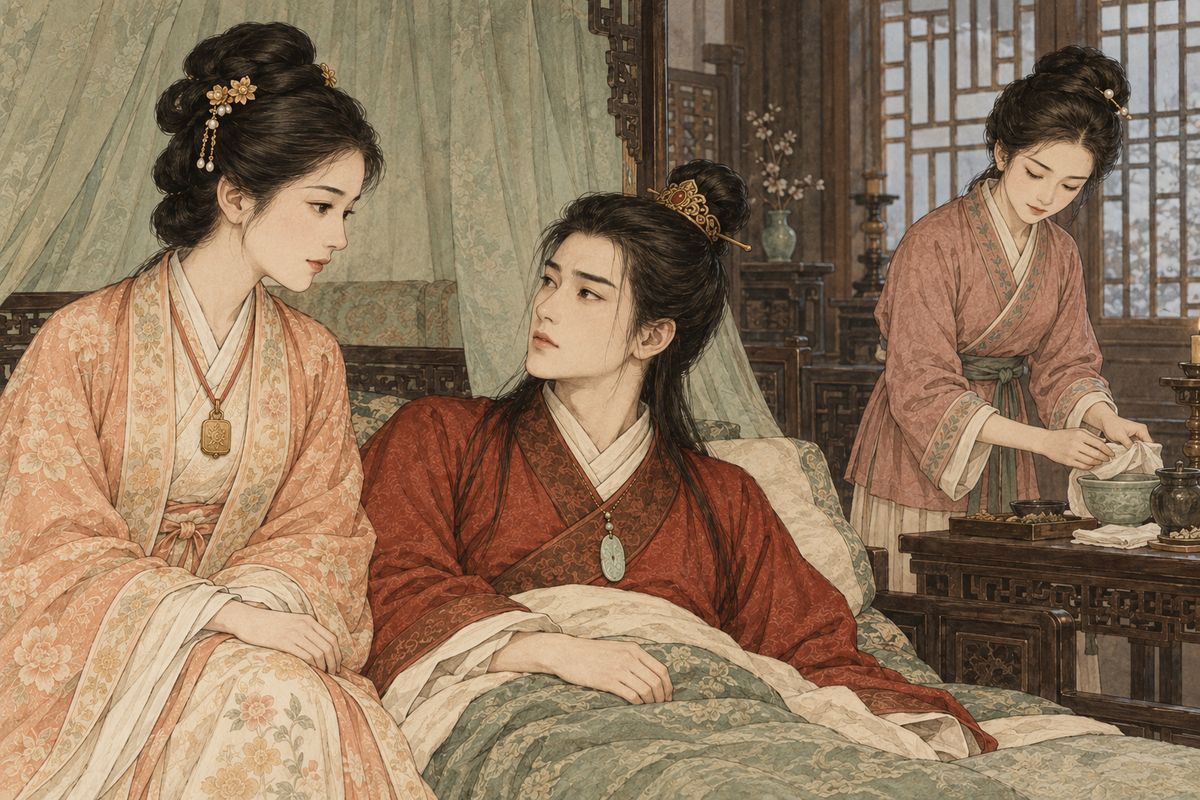 In the days that followed, Baoyu slowly recovered his strength. The family began making plans for the marriage, while he turned toward Baochai with a quiet, uncertain attention, carrying the loss of Daiyu into the life that had been arranged for him.