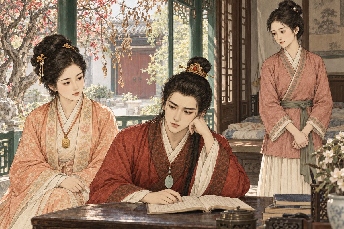 Baoyu recovered enough to sit with his books, but the quickness that once delighted his family had dimmed. Kept away from the emptied garden, he moved through the household's new arrangements as if part of him remained with Daiyu.