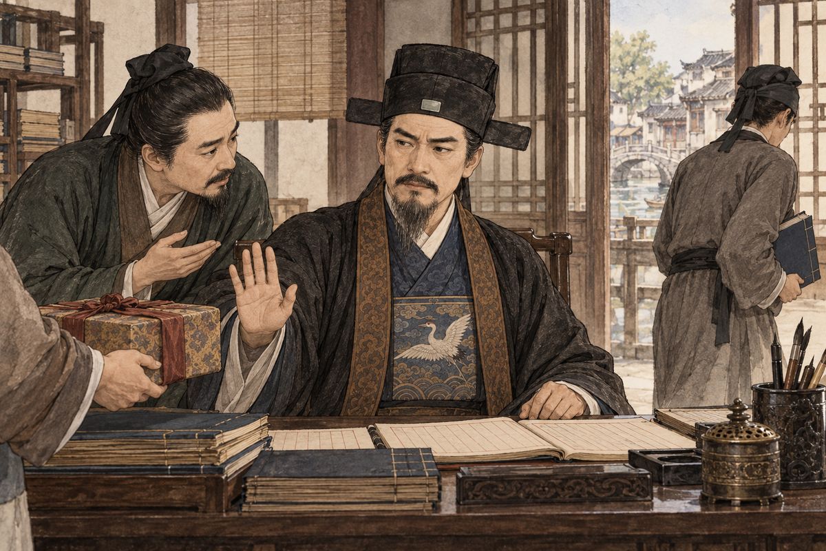 Jia Zheng began his grain commissioner post by refusing bribes, but the servants complained that strict honesty left them hungry. Gatekeeper Li Shi’er persuaded him to let the staff handle matters quietly, then used that trust to build a corrupt system behind his back.