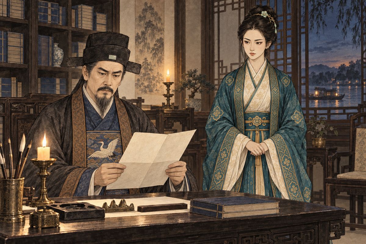 A letter from the governor-general proposed a marriage between his son and Tanchun. The match promised influence, but it meant sending Jia Zheng's daughter far from home, and the family soon began weighing duty against her own wishes.