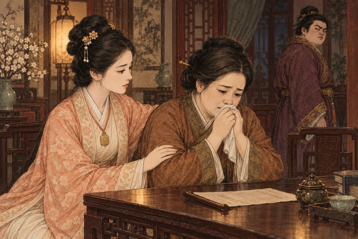 In the capital, the court confirmed Xue Pan's death sentence for the tavern killing. Aunt Xue's wealth was draining away, and Baochai tried to comfort her mother as the family faced a punishment that money and influence might not undo.