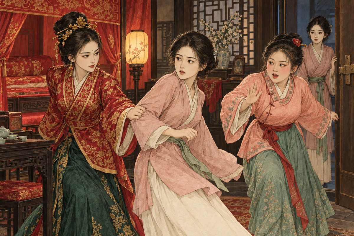 Grief made Jingui reckless. She seized Xue Ke and tried to pull him toward her room, but Baochan warned that Xiangling was coming. Xue Ke escaped, and Jingui's anger settled on the sick concubine she would soon treat as an enemy.