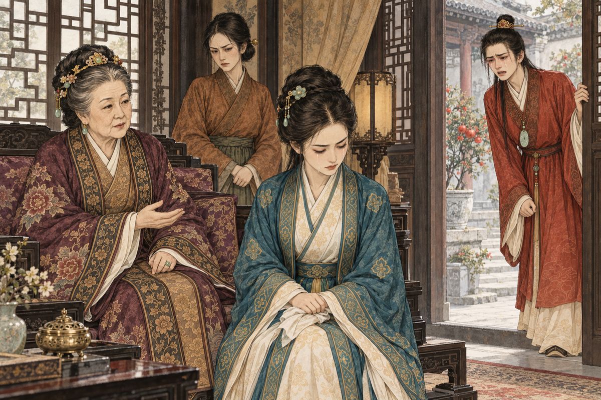 Grandmother Jia tearfully accepted Tanchun's distant marriage, while Concubine Zhao gloated and Tanchun sat in silence. When Baoyu heard that another sister was leaving, he wept that all the women he loved were scattering from the family home.