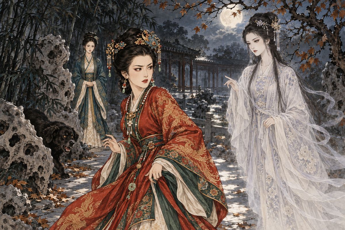 Xifeng crossed the nearly deserted garden to visit Tanchun before her marriage. A black dog startled her, and then Qin Keqing’s ghost appeared, reminding her to build a lasting foundation. The rebuke followed Xifeng home like a truth she could no longer avoid.