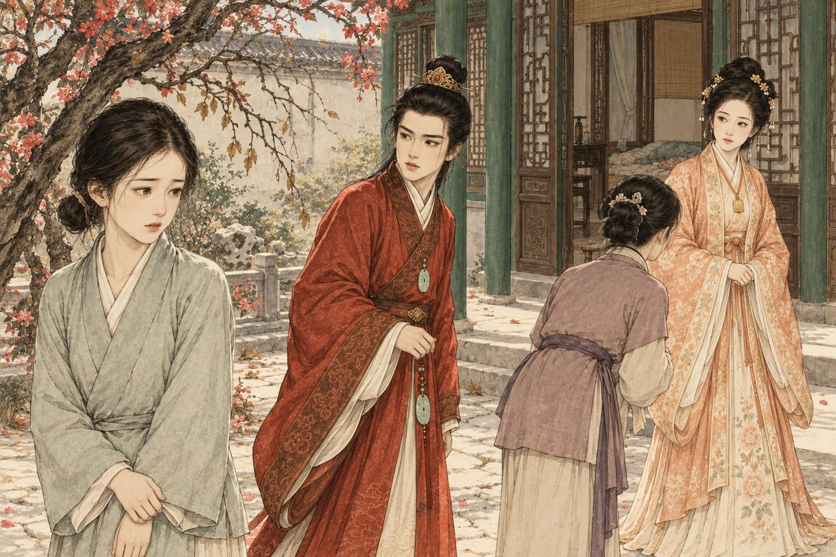 Xifeng arranged for Wu'er, a maid who resembled Qingwen, to enter Baoyu's rooms. When Baochai stood in the breeze, Baoyu sent someone back simply to tell her not to catch cold, a small kindness that made the household smile.