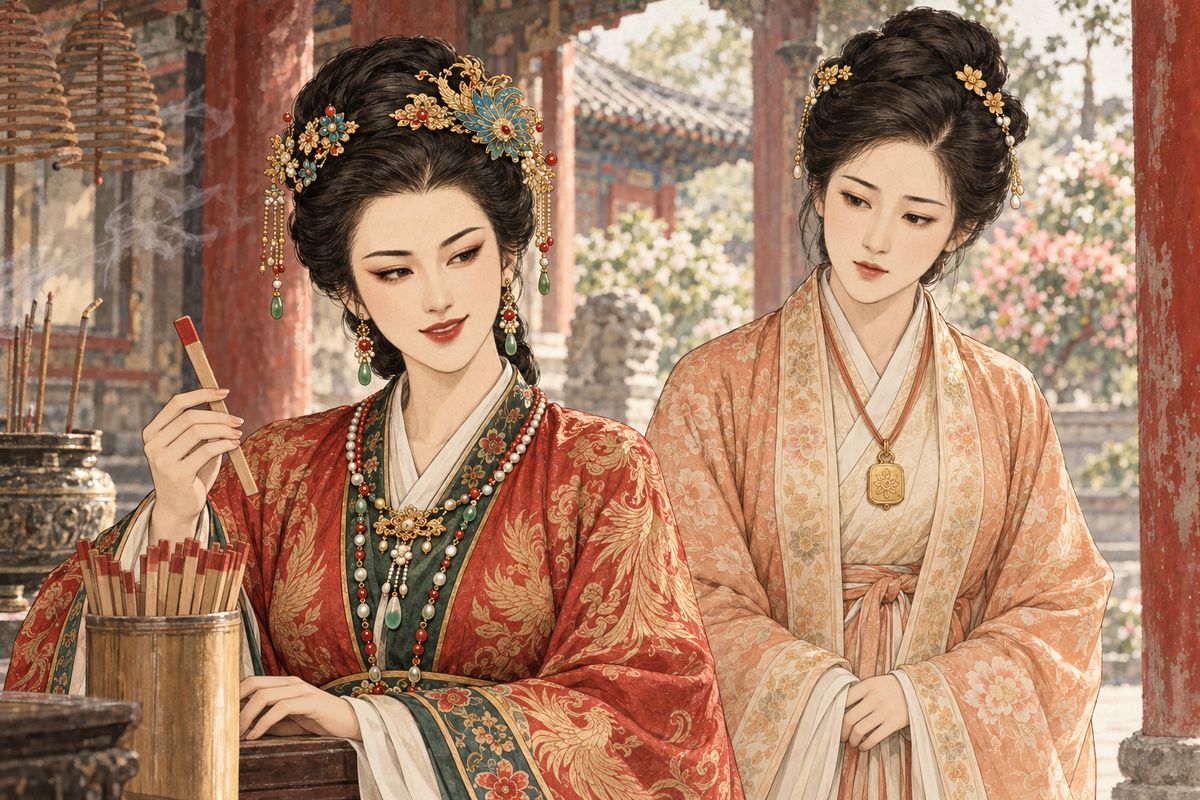 Xifeng drew a fortune stick that promised she would return home in silken robes, and the household treated it as good luck. Baochai quietly heard a darker meaning in the verse, though she kept her concern to herself.