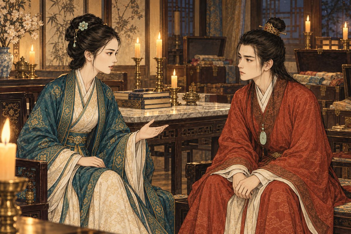 Before leaving, Tanchun spoke to Baoyu about duty and the burdens each person must bear. Her steady words helped him accept the marriage without collapsing into grief, though neither sibling could pretend the separation would be easy.