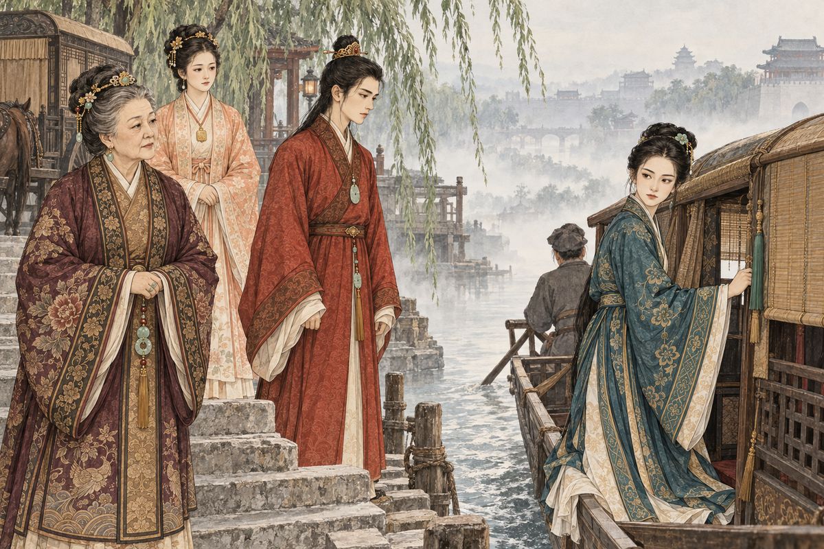 Tanchun departed by boat and carriage for her distant marriage. Grandmother Jia watched from the landing, and Baoyu stood beside her as the boat slipped away, carrying another familiar face beyond the family's reach.