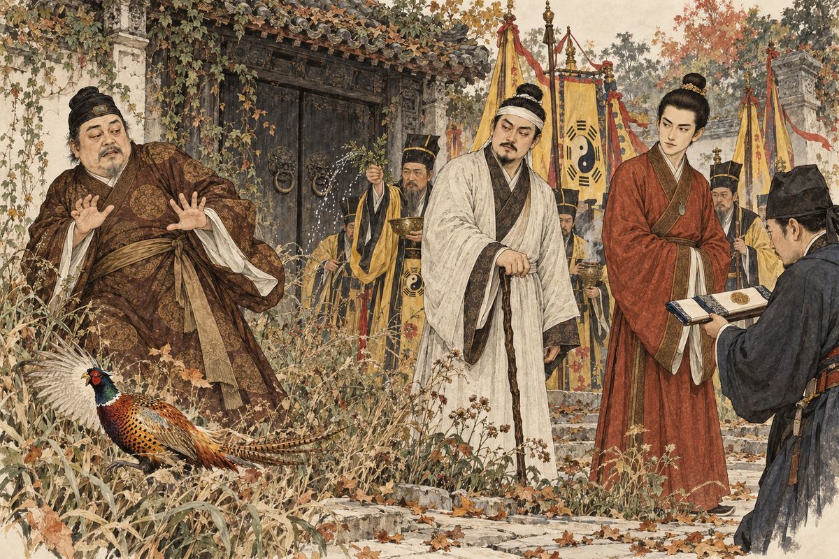 Jia She went into the empty garden to disprove the haunting, but a startled cock pheasant sent him hurrying back. He paid for an exorcism with priests, banners and sacred water; before it ended, word arrived that Jia Zheng had been impeached and summoned home.