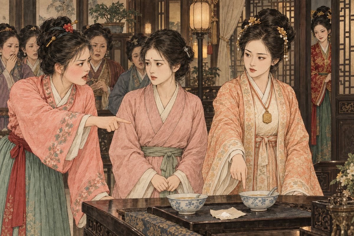 Aunt Xue’s household reported that Xia Jingui had died from arsenic, and Baochan blamed the sick Xiangling. The Xia relatives demanded a life for a life, but Baochai insisted Baochan be questioned too as empty jewellery chests and a scrap of poison paper cast doubt on the accusation.