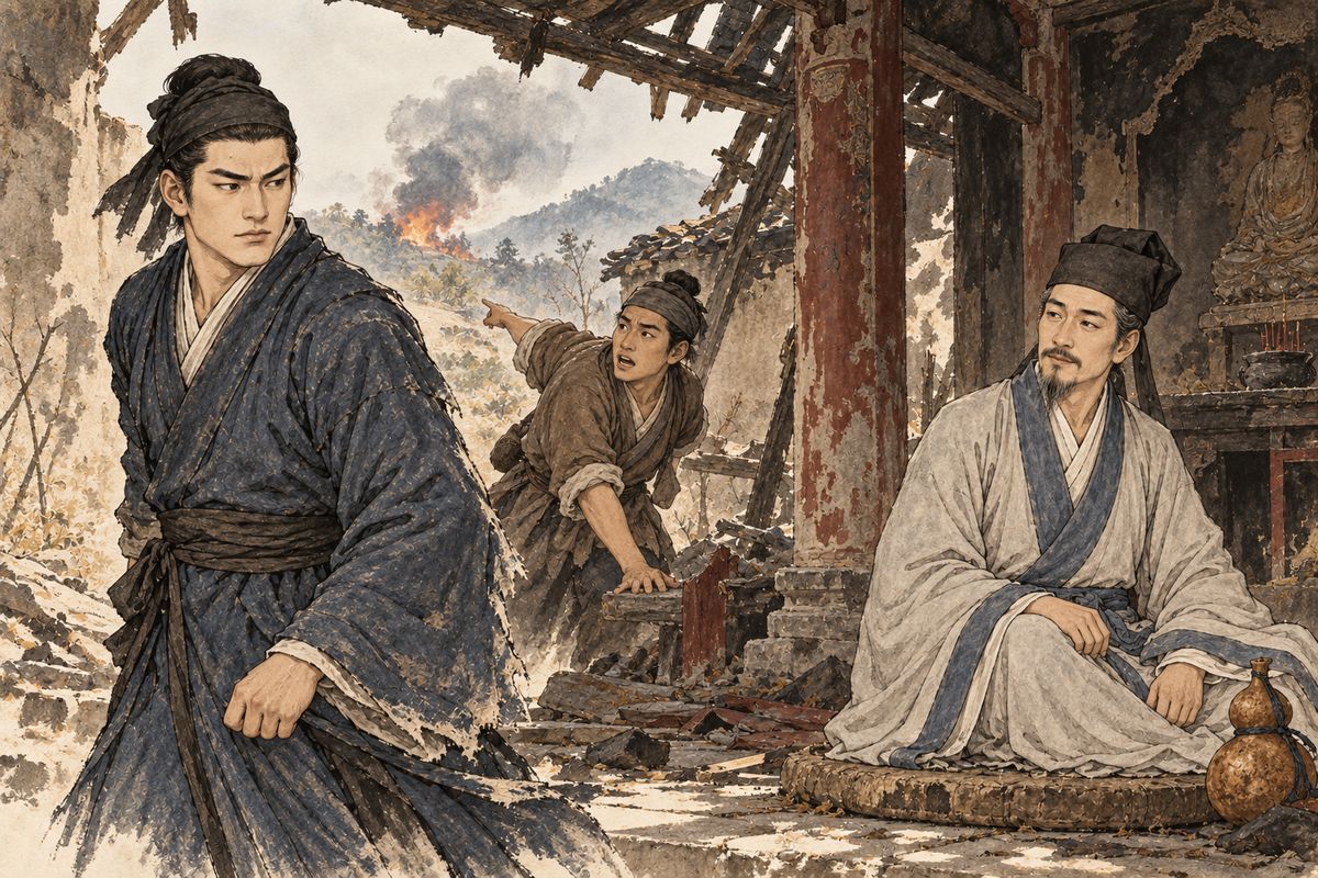 At Jizhi, Yucun recognized his old benefactor Shiyin meditating in a ruined temple. Shiyin spoke in riddles and warned him to cross before the river rose. When a runner reported the temple was burning, Yucun chose his official business and continued on.