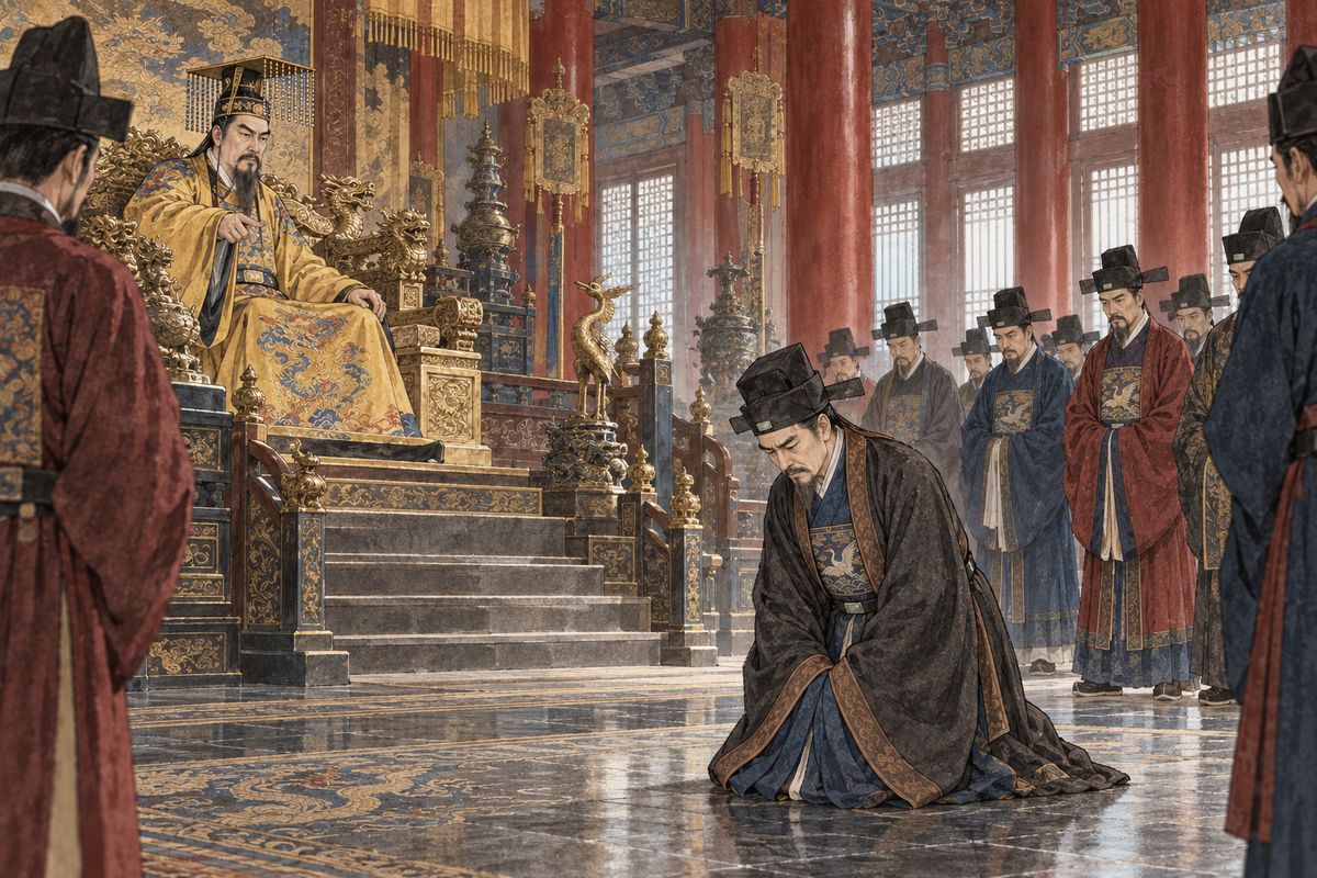 The Emperor questioned Jia Zheng about abuses committed by people bearing the Jia name and showed clear displeasure. Jia Zheng returned to the capital shaken, warning his relatives to keep their households in order even as the family welcomed him home.