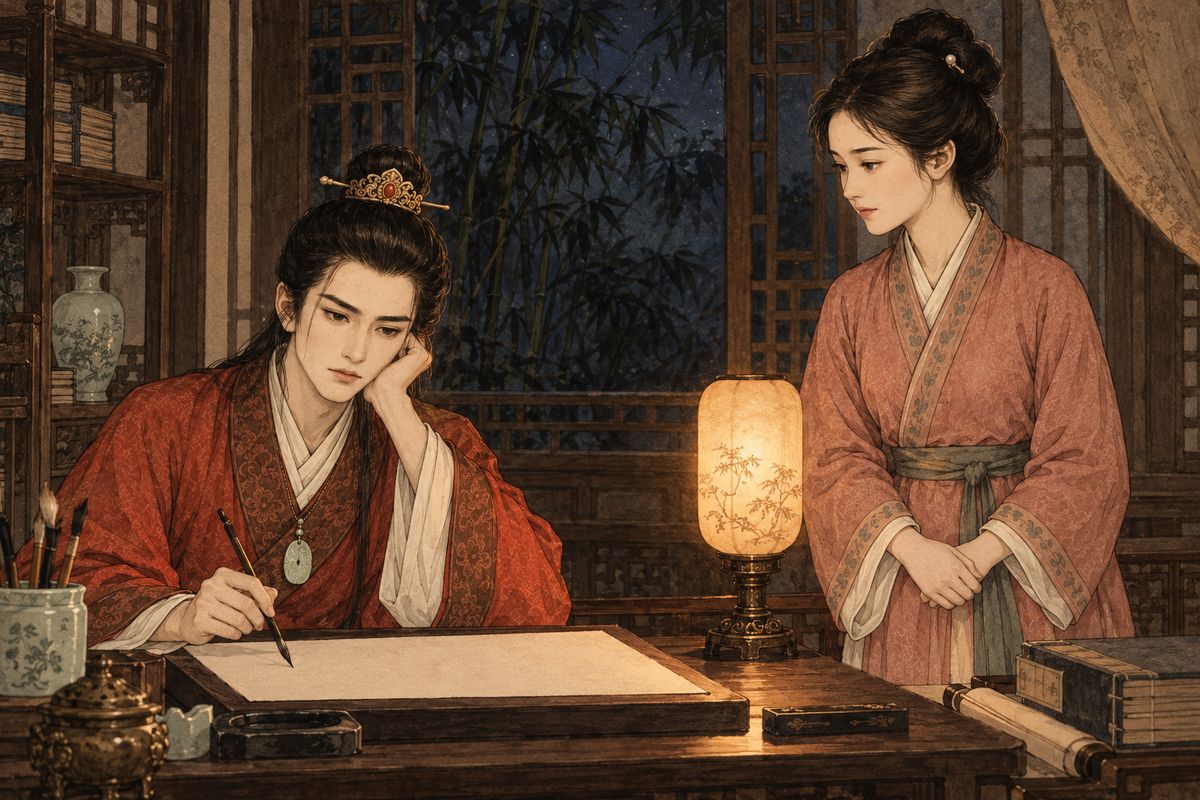 Baoyu asked Xiren to bring Zijuan, hoping to learn what Daiyu had felt at the end. He wanted to write a funeral elegy, but the words would not come; he talked through the night as his old inspiration deserted him.