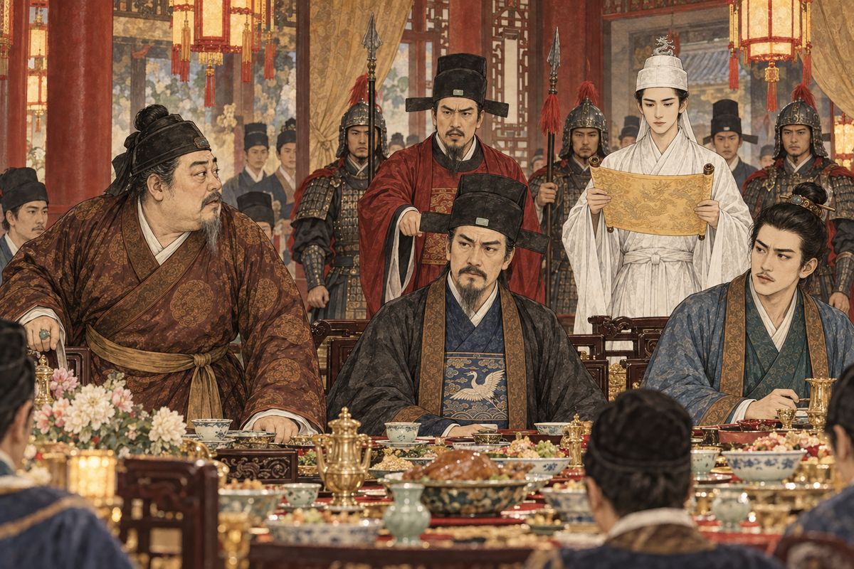 During Jia Zheng's banquet, Commissioner Zhao arrived with guards and an imperial edict. It stripped Jia She of his hereditary rank for colluding with officials and bullying the weak, ending the feast before the guests understood what was happening.