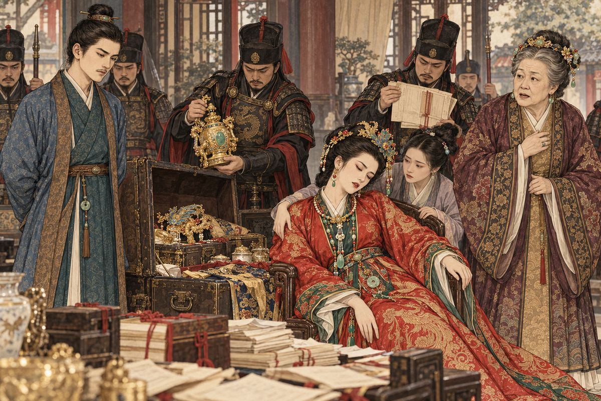 The searchers uncovered forbidden imperial goods and high-interest loan contracts in Jia Lian's rooms. Xifeng fainted at the sight of the guards and papers, while Grandmother Jia watched the household's carefully maintained appearance collapse around them.