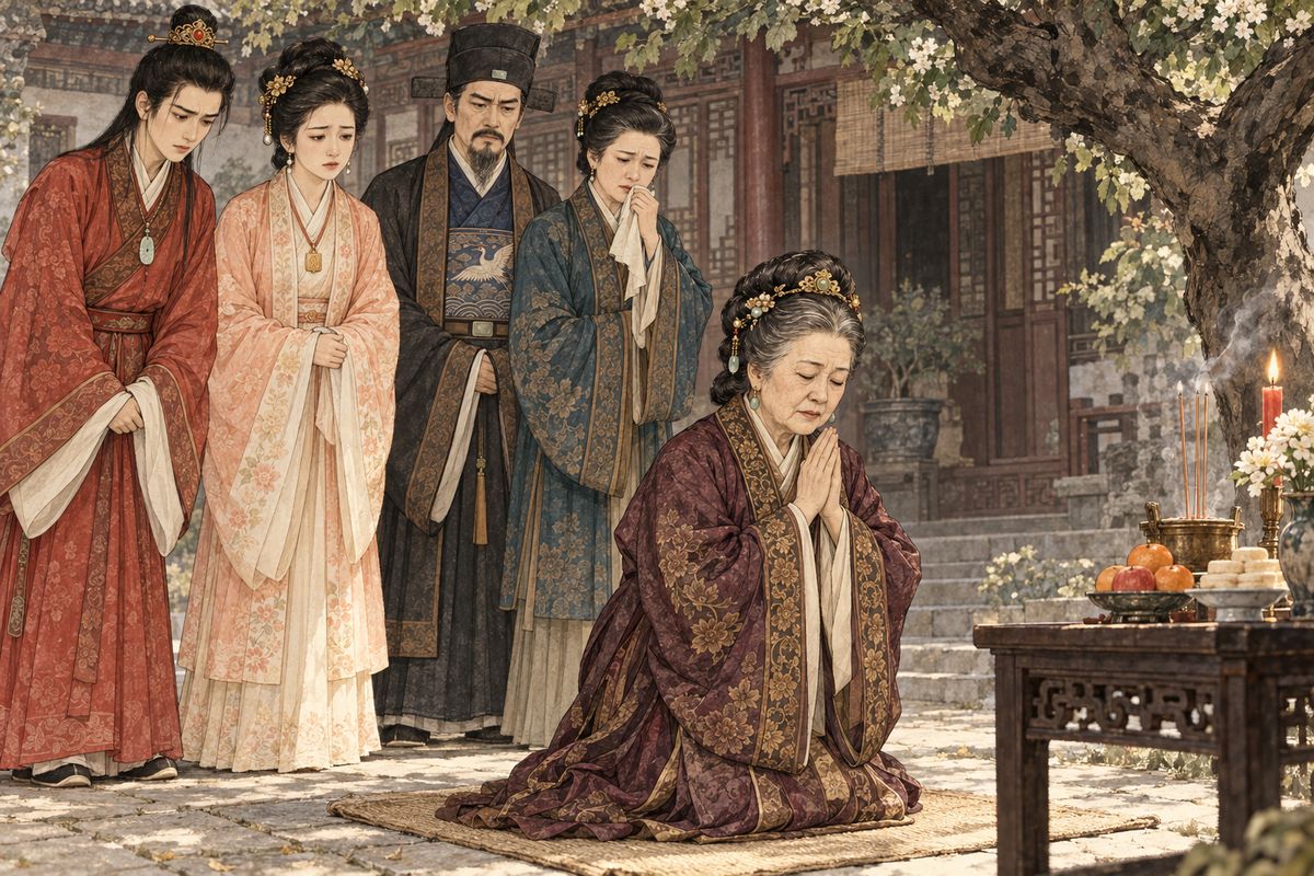 One evening Grandmother Jia knelt in the courtyard and prayed that Heaven would place the family's sins on her alone and let her die in their stead. Her grief drew the household together in tears until Jia Zheng hurried in, fearing she had already fallen ill.