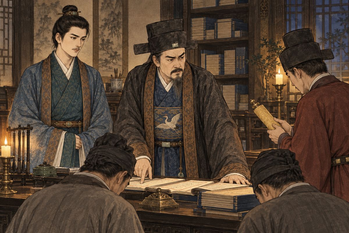 Jia Zheng reviewed the household accounts and scolded the stewards for years of losses and hidden debts. Before he could impose order, a summons called him to the palace, where the princes would decide the family's future.