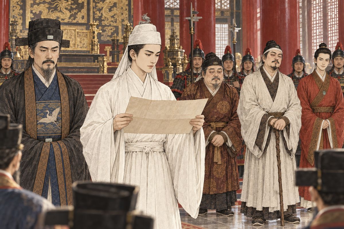 Before the Privy Council, Prince Beijing announced the emperor's ruling. Jia She and Jia Zhen were sent to distant posts to answer for their crimes, Jia Rong was released, and Jia Zheng was excused from punishment despite the household's losses.