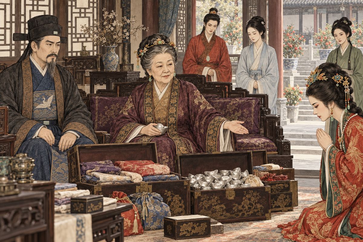 When Jia Zheng admitted the treasury was empty, Grandmother Jia opened her own chests and shared her life savings. She set aside travel money for the exiles, funds for Xifeng, and silver to take Daiyu's coffin south, then ordered the household to cut its expenses.