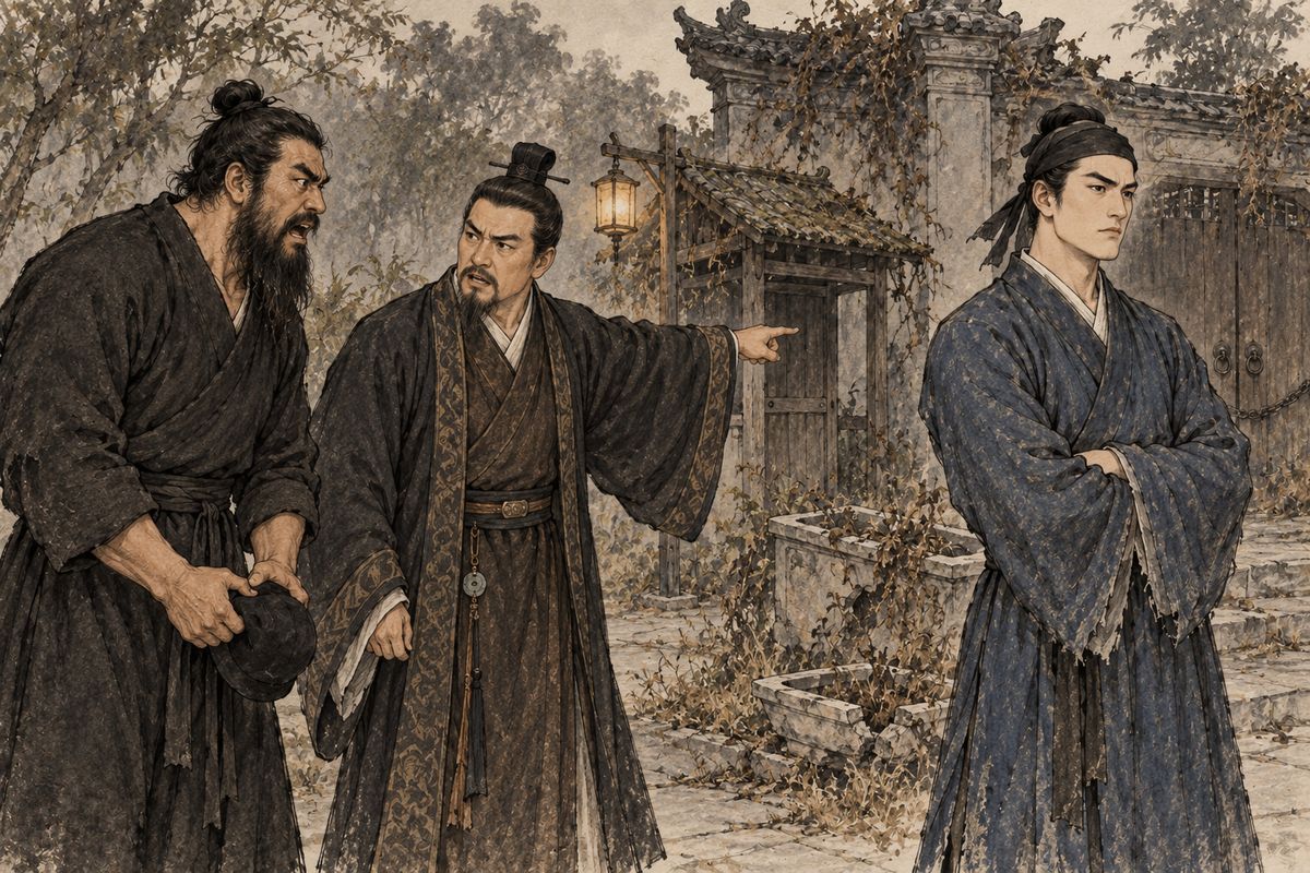 After Jia Zheng inherited the Rongguo title, fair-weather friends returned to congratulate him. Bao Yong, drunk and loyal, shouted that Yucun had betrayed the family; Jia Zheng punished the outburst by assigning him to guard the empty garden.