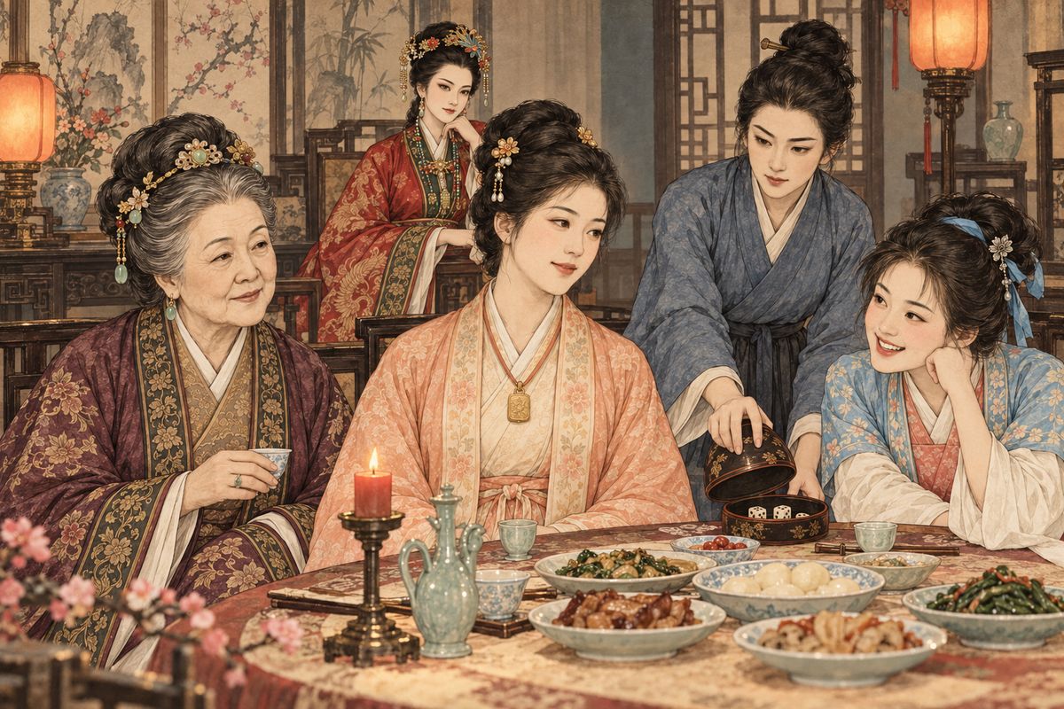 The household was poorer and quieter when Xiangyun returned for Baochai's birthday. Grandmother Jia had paid for a modest feast, but the gathering felt forced; Yuanyang brought out dice and tune titles, hoping to stir some life into the room.