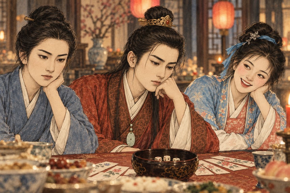 When Yuanyang's throw named the Twelve Beauties, Baoyu remembered the dream registers and counted how few women remained around him. The game continued, but he slipped away from the table, unable to hold his grief inside the noisy room.