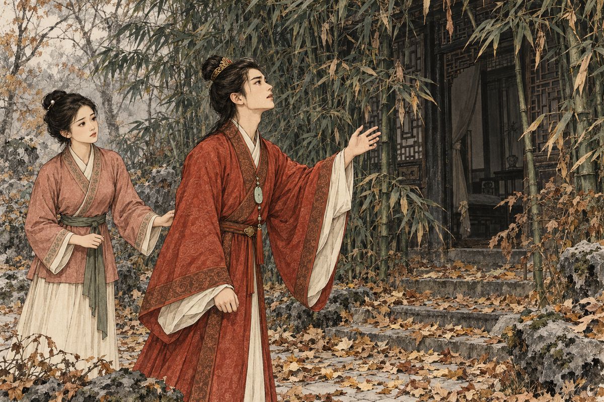 Baoyu slipped into the overgrown garden with Xiren and stopped at Bamboo Lodge. He wept toward the silent rooms, telling Daiyu's spirit that he had never meant to betray her, while the bamboo hid the place where she had lived.