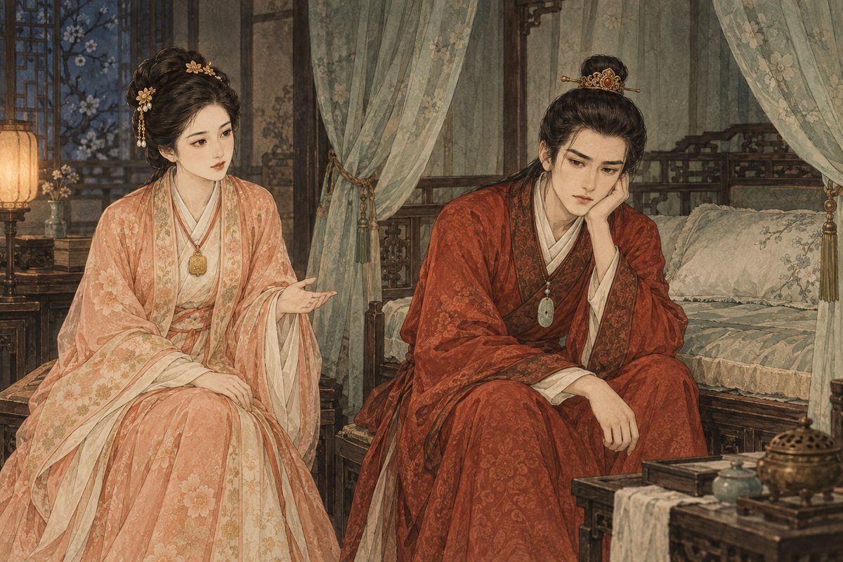 Baochai told Baoyu plainly that Daiyu was dead and would not come back. He slept alone in the outer room, hoping she might visit in a dream, but the night passed without a sign and left him facing his loss awake.