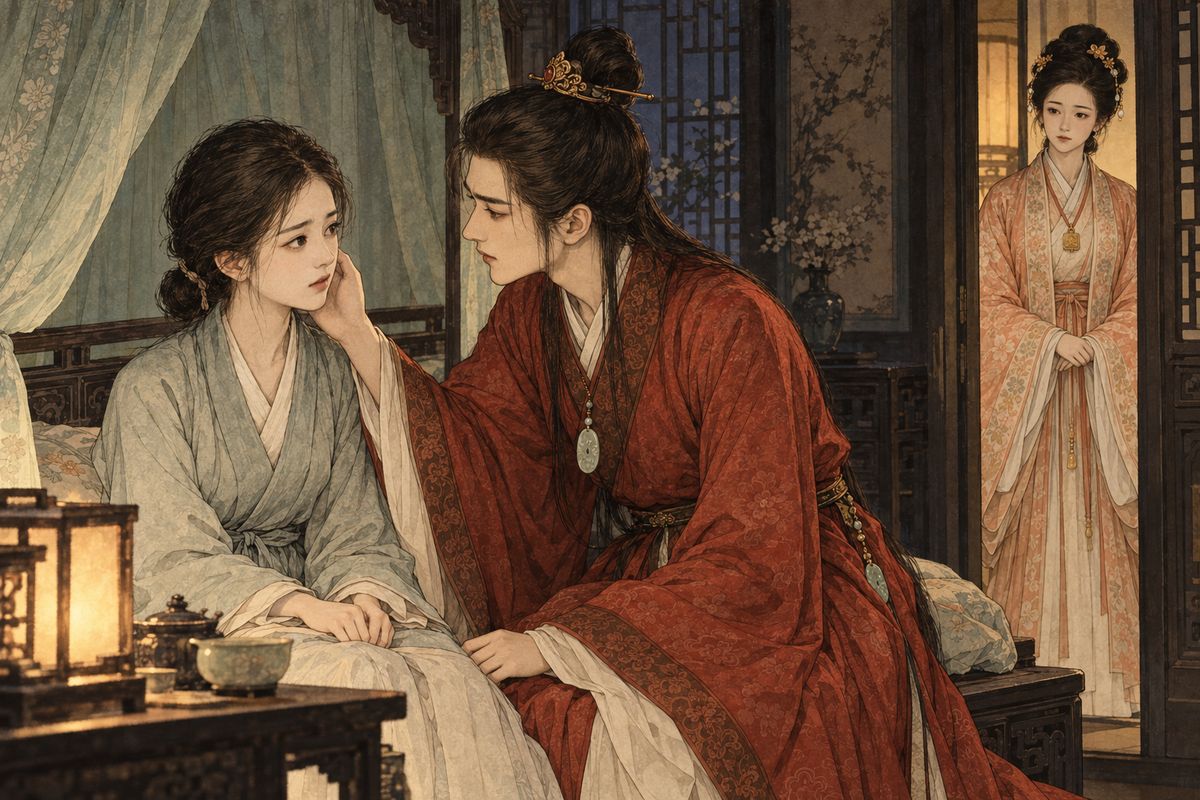 The next night Baoyu mistook Wu'er for Qingwen, whose face she resembled, and spoke with her for hours. Baochai understood how grief had blurred his sense of the present and brought him back into their shared room with quiet care.