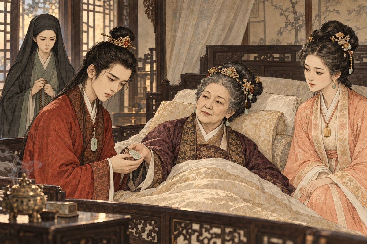 Grandmother Jia's health worsened, though she gave Baoyu an old Han-dynasty jade heirloom before the household understood how serious it was. Miaoyu came to visit, bringing a quiet monastic presence into the crowded sickroom.