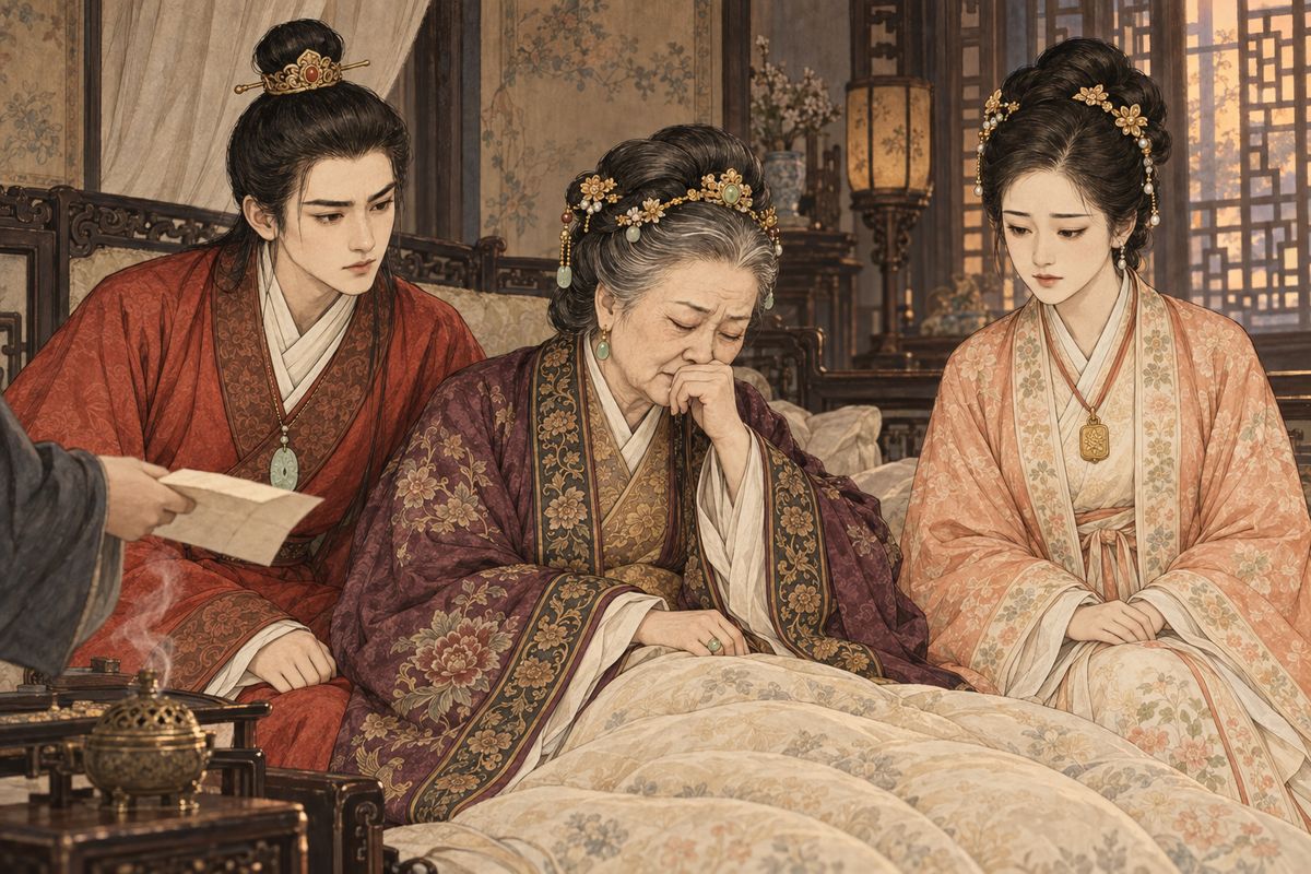 News came that Yingchun had died after enduring cruelty in her husband's household. Grandmother Jia and Baoyu grieved for the gentle sister they had been unable to protect, while the old woman's own strength continued to ebb.