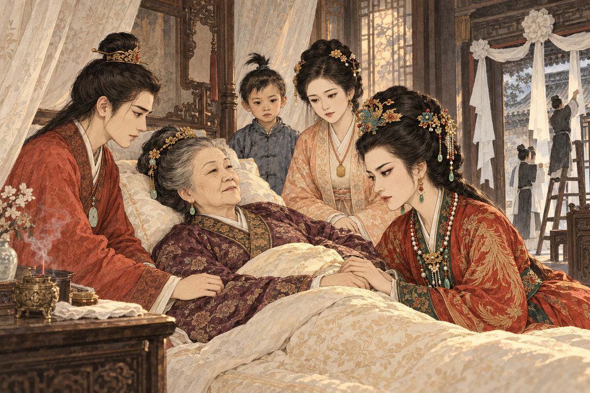 Propped up in bed, Grandmother Jia said goodbye to Baoyu, Jia Lan, Xifeng and Baochai. She died smiling at eighty-three, and white mourning paper soon covered the mansion as the family began another funeral.