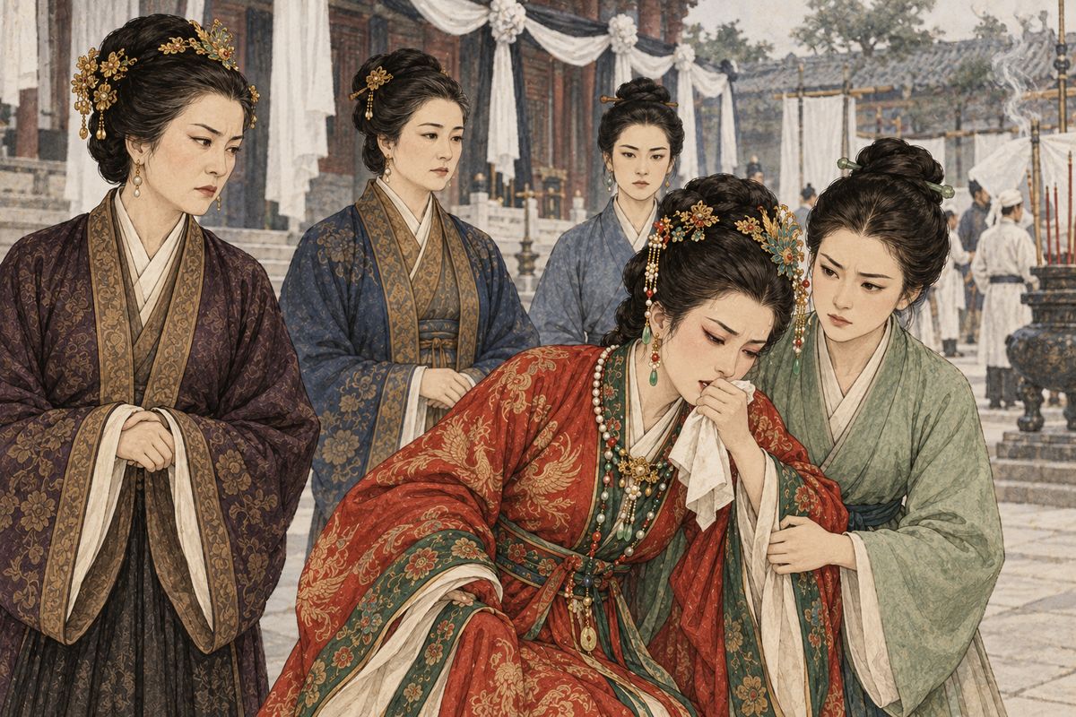 With servants gone and money withheld, Xifeng struggled to manage Grandmother Jia's funeral. Lady Xing accused her of shirking, and Xifeng collapsed into Ping'er's arms after coughing blood, leaving the family without its most capable organizer.