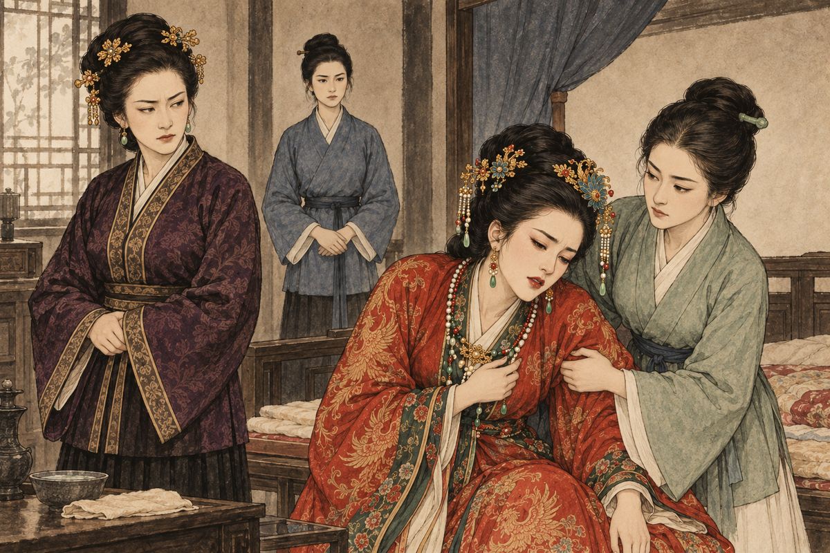 Xifeng's illness disrupted the funeral preparations, and Lady Xing suspected she was pretending. Ping'er helped her rest, while Yuanyang began to fear what would become of her now that the mistress who had protected her was gone.
