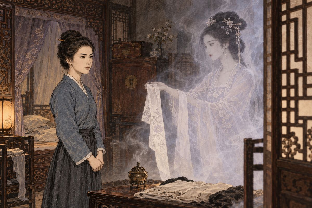 In Grandmother Jia's room, Yuanyang saw Keqing's ghost holding a sash and followed her into a vision of the Land of Illusion. Keqing explained that Yuanyang would take her place in the office of true, unspoken feeling; the earthly room remained quiet behind them.