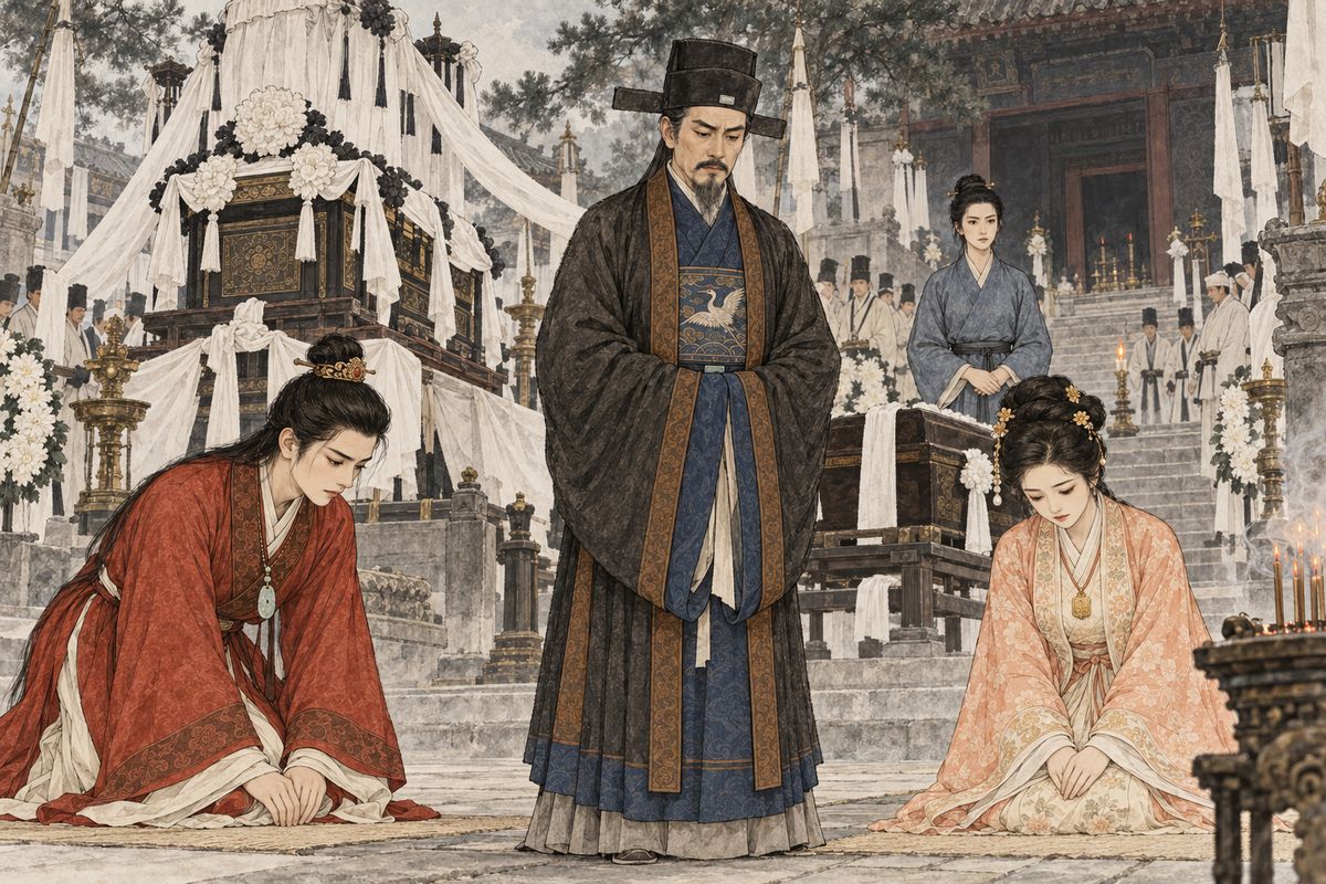 Jia Zheng honoured Yuanyang as a servant who had remained faithful to her mistress and ordered her coffin to follow Grandmother Jia's to Iron Threshold Temple. Baoyu and Baochai bowed to her in respect among the mourning banners.