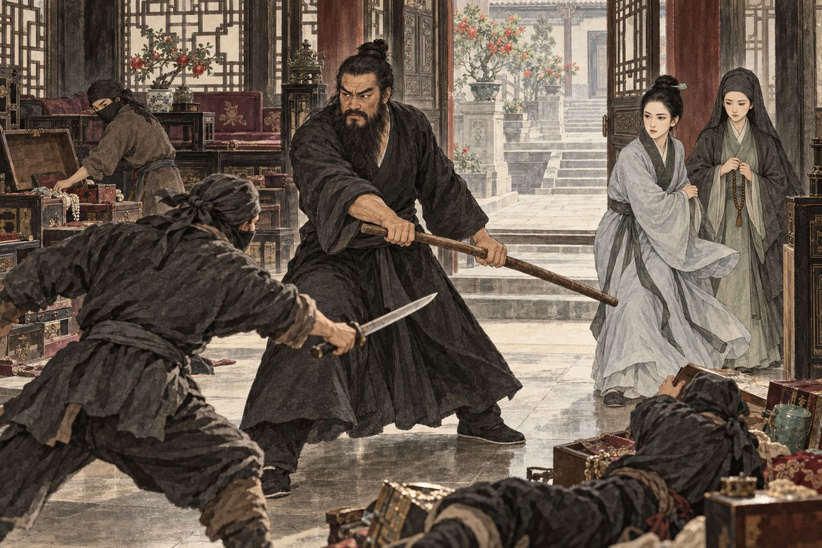 While most of the family was away with Grandmother Jia's coffin, robbers entered the mansion for the hidden treasure. Bao Yong fought them off with a staff, and one man was subdued; only later did the household learn he was He San, a dismissed servant.