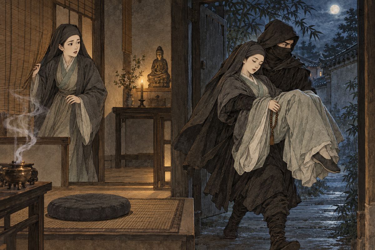 A robber who had become fixated on Miaoyu slipped into Green Lattice Convent and used drugged incense while she meditated. He carried her away in a cart with a false official lantern; the story never reveals what happened to her afterward.