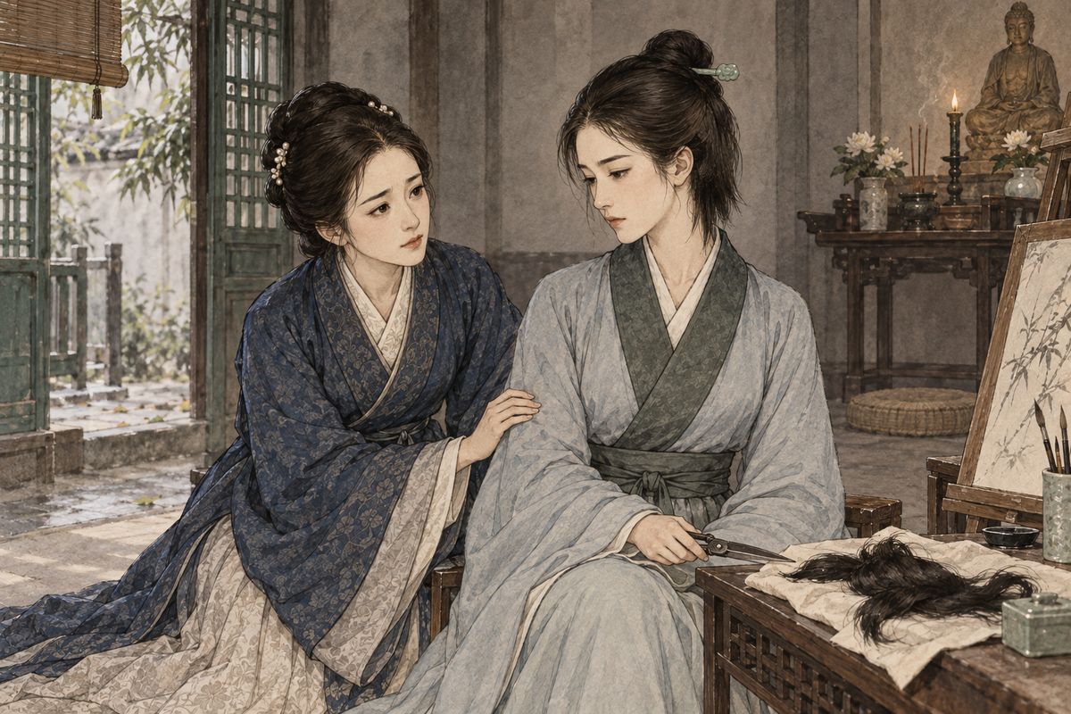 The robbery left Xichun ashamed that she had been responsible for the convent during the attack. She cut away half her hair and insisted on becoming a nun, while You-shi tried to comfort her through the grief and guilt.