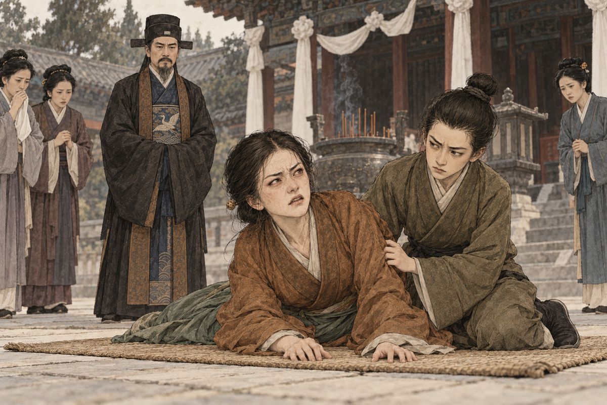 At the temple, Concubine Zhao fell into a violent fit and cried out about the curse she had once laid on Xifeng and Baoyu. Jia Huan stayed beside her as the family struggled to understand the words and carry her to safety.