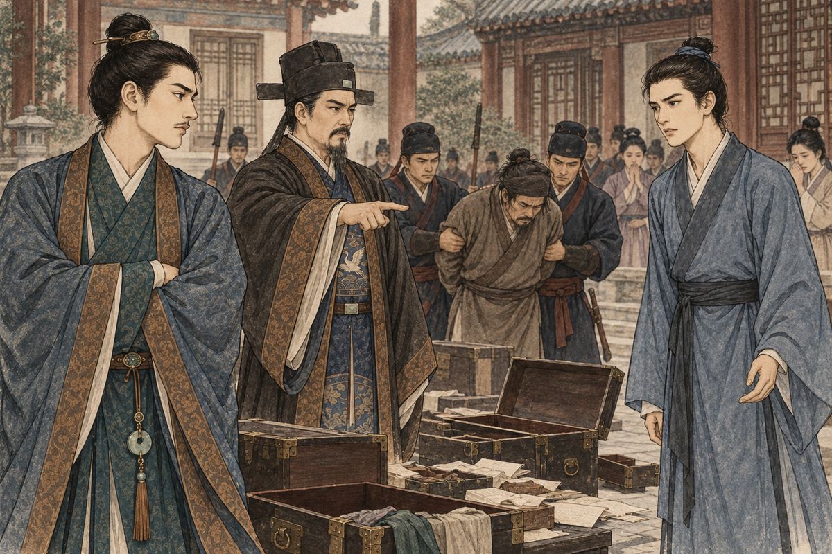 With Yuanyang gone, no one could make a complete list of Grandmother Jia's stolen valuables. Jia Lian blamed Jia Yun for failing to protect the house, while Jia Zheng ordered steward Zhou Rui arrested and mourned the family's decline.