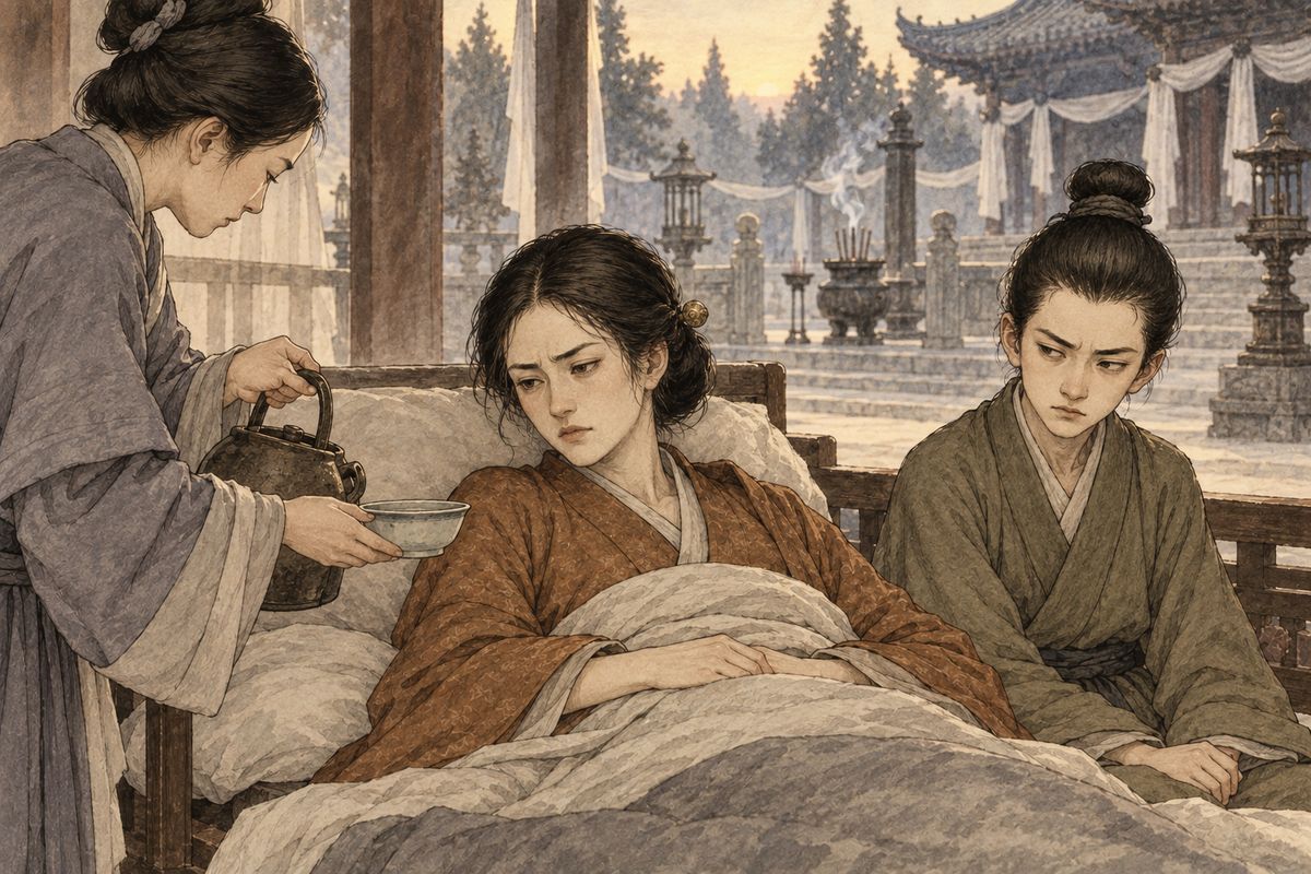 Concubine Zhao's illness worsened through the night as she raved about a red-bearded lord from the underworld. Rumours later claimed she was punished for her schemes, but the household saw only a frightened woman whose strength was failing.