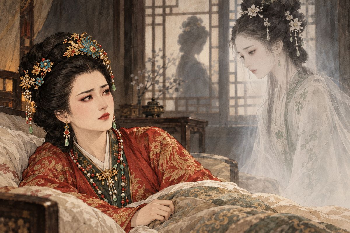 Confined to bed and neglected by Jia Lian, Xifeng saw the ghost of You Erjie and other figures from the past. In a rare moment of honesty, she admitted that her heart had been too narrow and that her schemes had harmed others.