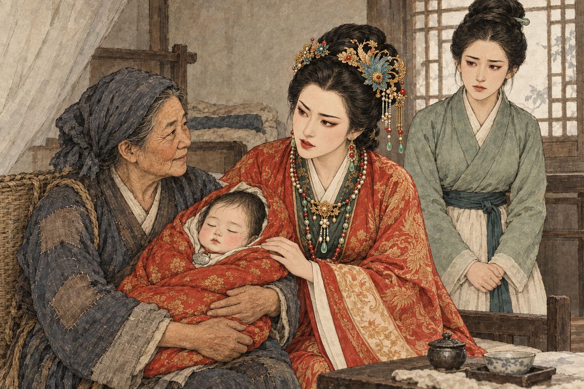 Granny Liu returned from the countryside with her granddaughter Qing'er and wept at the family's misfortune. Xifeng entrusted Qiaojie to her care, asking the old woman to protect the child when the Jia household could no longer do so.