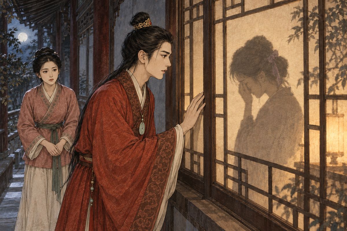 Baoyu came to Zijuan's window late at night, grieving Miaoyu's abduction and asking Zijuan to understand his sorrow. She remained silent behind the paper screen, and both wept until Xiren's arrival ended the painful exchange.