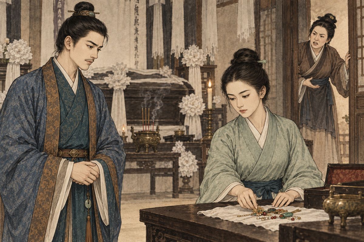 Wang Ren arrived to bully Qiaojie and demand Xifeng's supposed hidden savings. Ping'er surrendered her own valuables to pay the funeral costs, earning Jia Lian's gratitude and Qiutong's jealousy as the family counted every remaining coin.